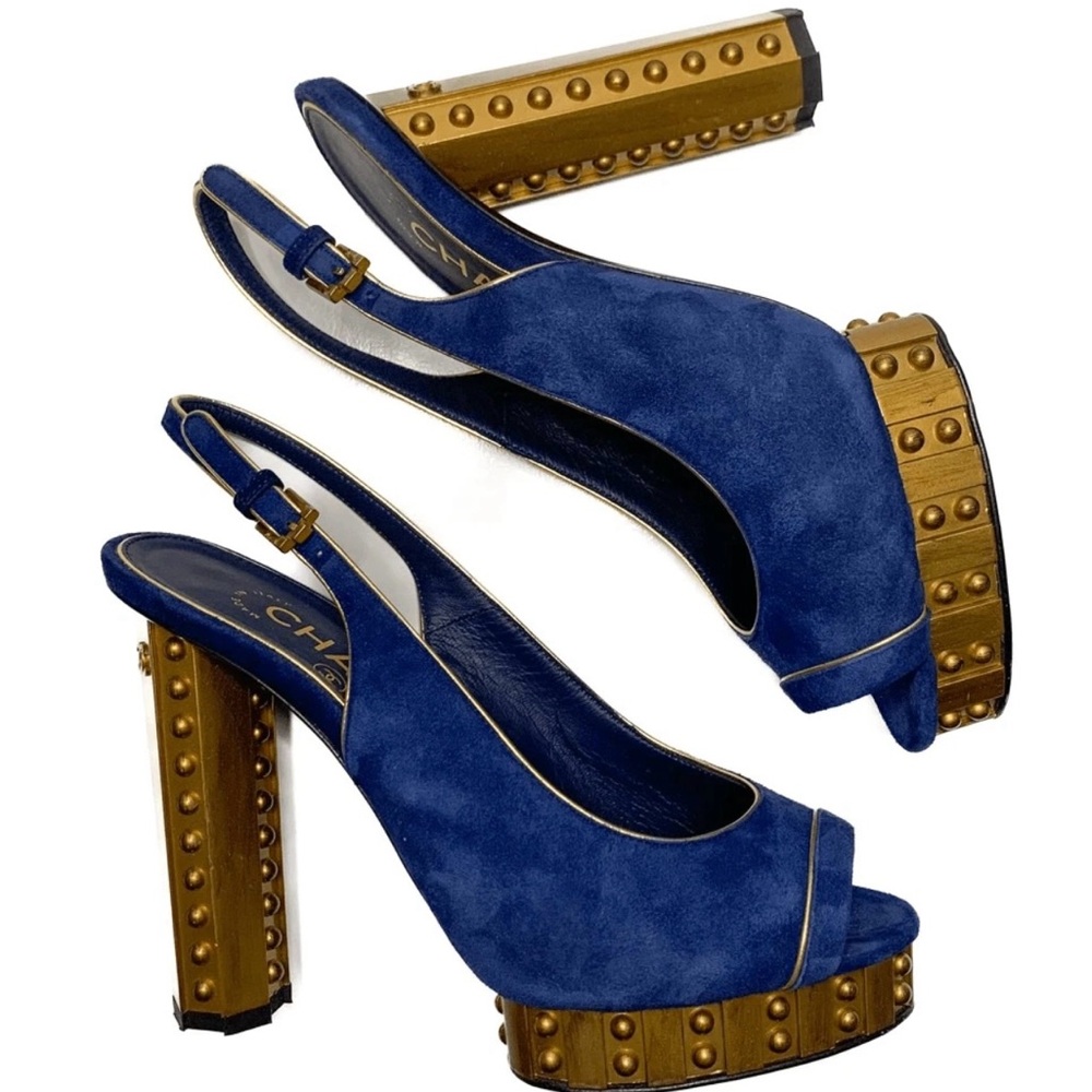 CHANEL Blue and Gold Studded Heels